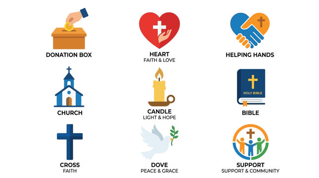 Religious icons display a donation box, a heart with a cross, helping hands, a church, a candle, a bible, a cross, a dove, and a community support symbol.