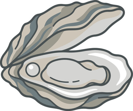 Stylized vector illustration of an open oyster shell with pearl in flat cartoon style, featuring soft neutral tones and clean outlines, ideal for seafood menus, coastal branding, or marine-themed grap