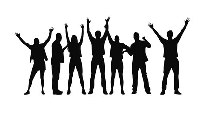 Fototapeta premium People stand in a row as black silhouettes against a clear white background with their arms raised high, representing a successful team celebrating a collective achievement and corporate victory.