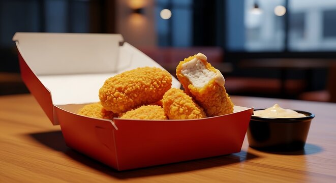Crispy Chicken Nuggets in Red Box with Dip, Close-up Food Photography