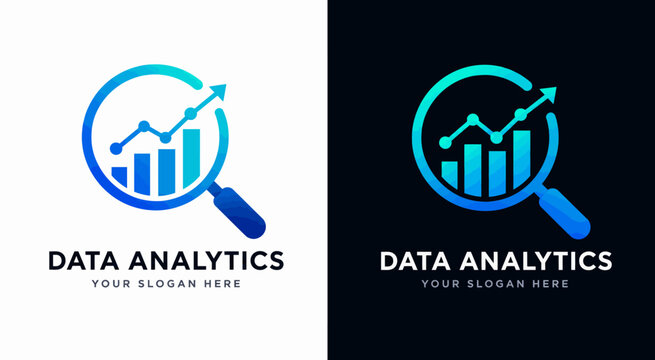 Data analytics logo design magnifying glass with growth chart