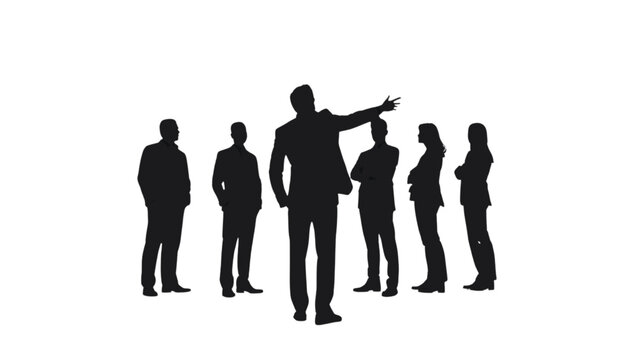 Businessperson points toward a distant objective while colleagues observe the direction of the future strategy in a professional setting that highlights leadership and visionary corporate management.