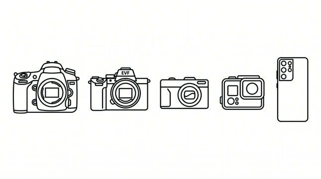 Set of camera icons and photography equipment line art illustrations, DSLR, mirrorless EVF, point and shoot, action cam and smartphone camera module, minimalist technology symbols collection