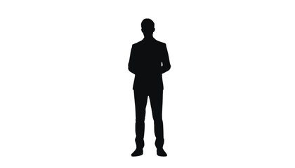 Fototapeta premium Businessman stands in a formal suit against a solid white background, representing a professional leader ready to represent a company or deliver a presentation in a clean corporate environment.