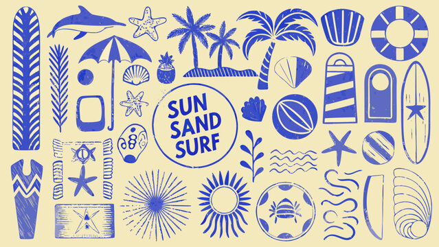 blue summer themed doodle set with tropical plants marine life and beach elements hand drawn style high quality