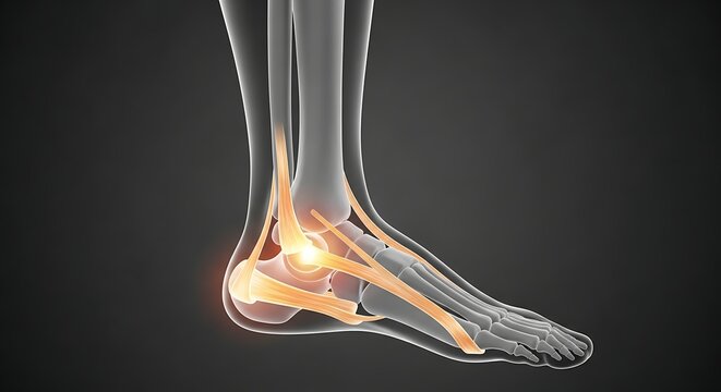 Medical illustration of the bones and tendons of the human ankle