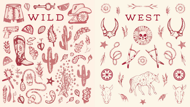 hand drawn western themed banners with cowboy hats boots cacti and floral elements in a sketch style