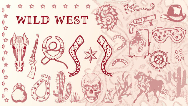 Wild west themed banner illustration with cowboy hat horse head guns and skull elements in a vintage style