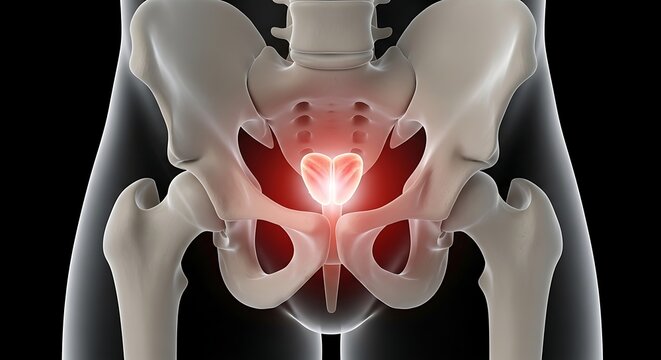 Medical illustration of painful prostate gland within human pelvic bones