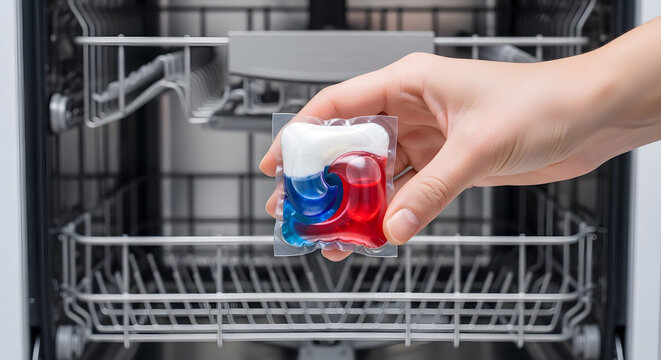 Dishwasher detergent pod in hand | Loading dishwasher with soap capsule | Clean kitchen appliance maintenance | All-in-one dishwasher tabs | Domestic housework and cleaning supplies