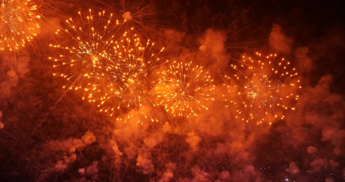 Firework rockets ascending into black night sky with sparkling trails, momentarily vanishing before exploding into spectacular colorful red Chrysanthemum orbs, low angle shot. Slow motion shot.