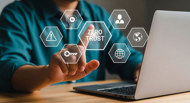 Securing Digital Frontiers: A professional uses laptop and touch the zero trust concept icons, representing the essence of data protection and cybersecurity measures.