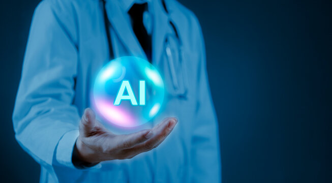 Healthcare provider presenting virtual AI technology artificial intelligence medicine digital innovation robotic healthcare advanced treatment solution concept.