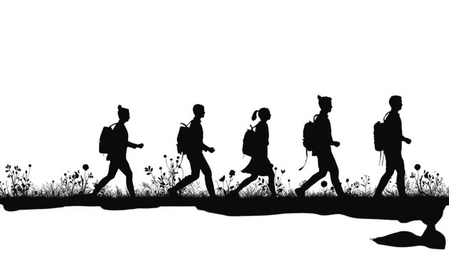 Students walking with backpacks across a grassy meadow appear as black silhouettes in this clean illustration that provides a large white copy space for educational or travel marketing advertisements.