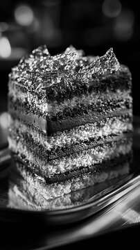 Layered dobos torte cake with caramel shards in black and white