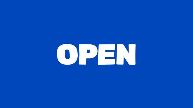 Minimalist white OPEN text centered on solid blue background, representing availability, business hours, welcoming message, and modern typographic design concept.