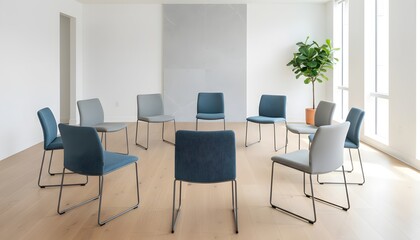 Fototapeta premium Support group circle in clinic setting for mental health therapy concept, minimalist modern room with empty chairs for counseling and group discussion sessions