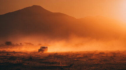 Fototapeta premium Vibrant sunset over orange desert plateau with silhouette of jeep moving across distant landscape