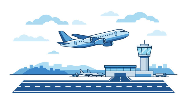 Airplane Flying Over Airport Runway.