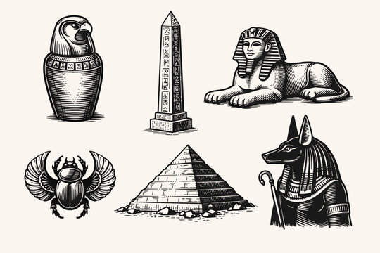 Collection of Pharaonic Civilization Motifs Depicting a Canopic Vessel with Avian Deity Head, Inscribed Stone Column, Colossal Stone Sphinx, Winged Dung Beetle, Stone Pyramid Tomb, and Jackal Deity