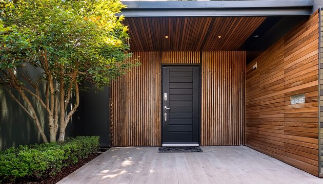 front door wooden wall black door green tree garden plant entrance exterior modern house porch tranquil modern house entrance with black double