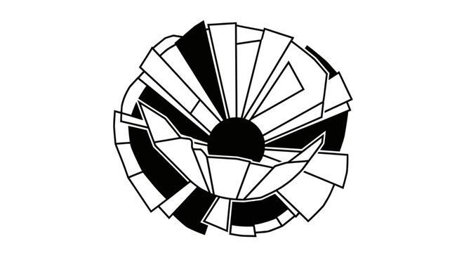 Abstract circular geometric pattern with layered fan segments and solid black center.
