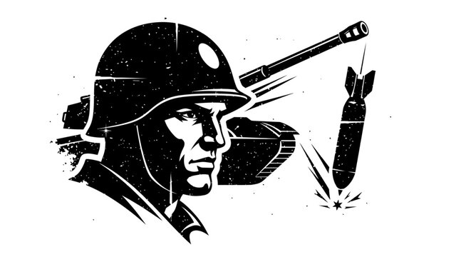 Graphic illustration of a determined soldier with a tank and missile.