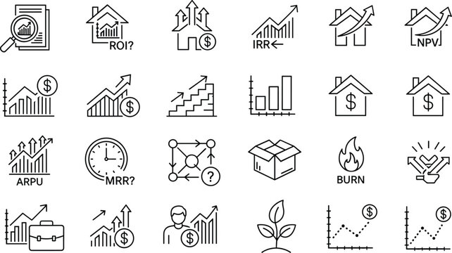 Financial Metric Icon Set Featuring ROI, IRR, NPV, MRR, Burn Rate, Real Estate Growth, Business Analytics, Investment Strategy, And Performance Tracking Graphics