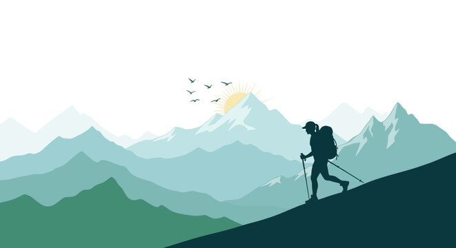 Silhouette of a hiker trekking up a steep mountain slope.