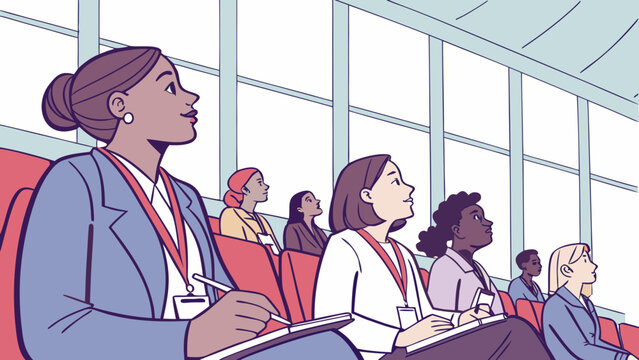A diverse group of professional women sitting in a conference room or auditorium taking notes and listening intently to a presentation