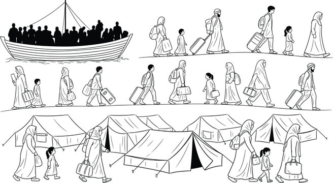 Illustration of refugee family migration journey showing people on boat walking with luggage and living in tent camps in desert.