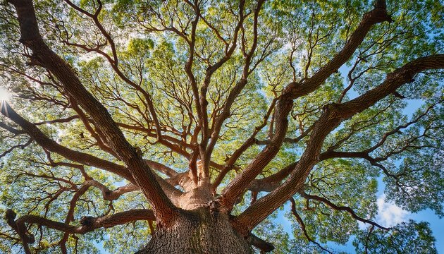 giant tree canopy and branches against blue sky