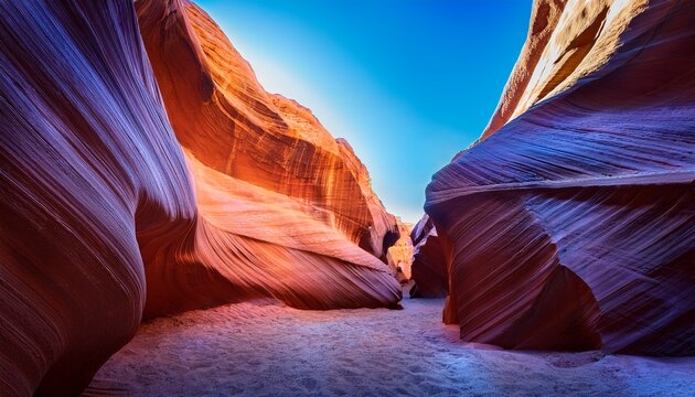 interior slot canyon at blue hour with indirect sky glow painting smooth walls