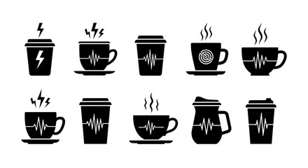 Obraz premium Collection of ten black icons of coffee cups and mugs featuring lightning bolts and heart rate monitor pulse lines for energy drink branding on white ground
