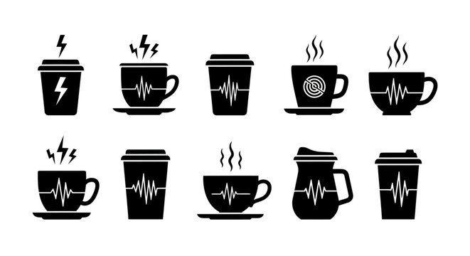 Collection of ten black icons of coffee cups and mugs featuring lightning bolts and heart rate monitor pulse lines for energy drink branding on white ground