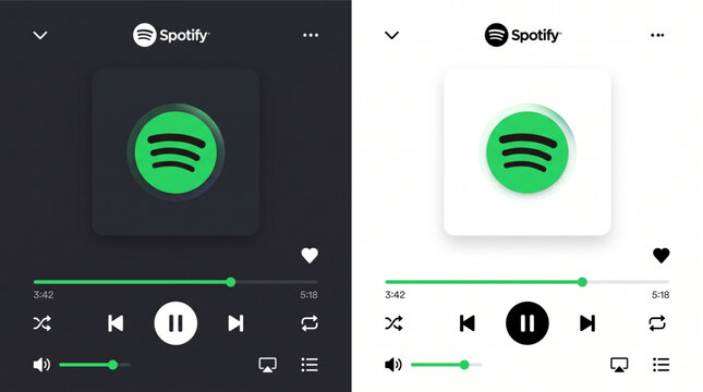 Spotify music player mockup interface, audio player app design in dark and light mode theme, playback control navigation icons, green progress bar, streaming music screen with neumorphic UI 
