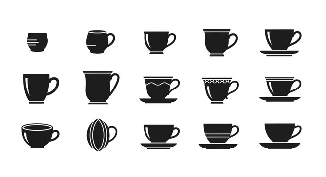 Various tea cups and coffee mugs vector icon set. Collection of different styles of ceramic drinkware for hot beverages on white background