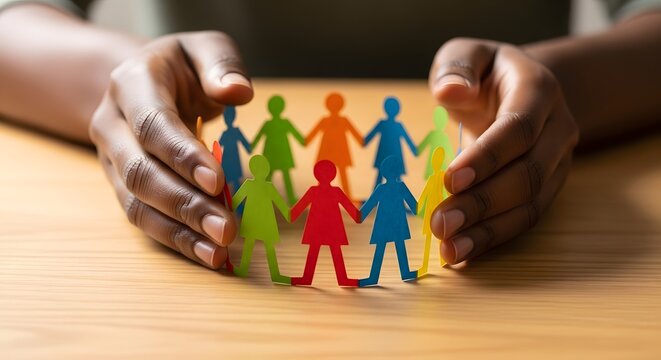 Diverse group of people figures assembled by hands