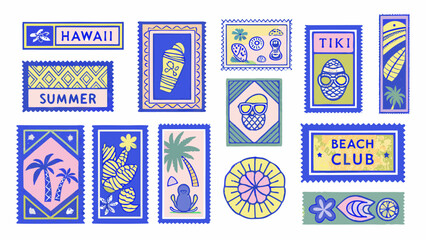 Colorful collection of vintage style hawaiian postage stamps with tropical motifs and text high quality professional detailed modern © SayanKumar
