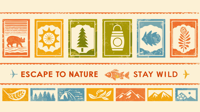 Collection of vintage style nature badge illustrations with bear sun tree bottle fish and floral motifs high quality
