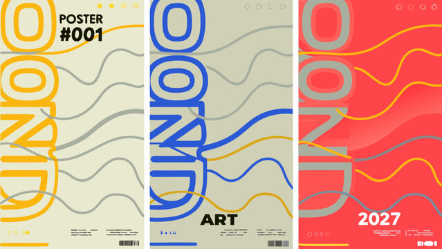 Four abstract poster designs with bold typography and wavy line art modern graphic layouts high quality professional detailed