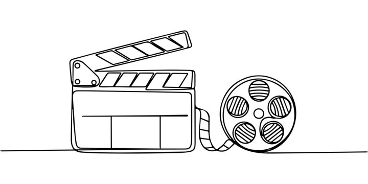 movie clapperboard continuous one line drawing, Continuous one line drawing of a movie clapperboard icon on white background vector illustration. Vector, illustration