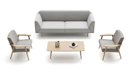 Fototapeta premium A modern living room furniture set featuring a sleek grey couch flanked by two matching armchairs and a minimalist wooden coffee table with simple decor