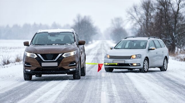 Towing a car with a flexible hitch on a snowy road, brown SUV pulling a silver sedan with a visible towing strap and red flag in winter landscape