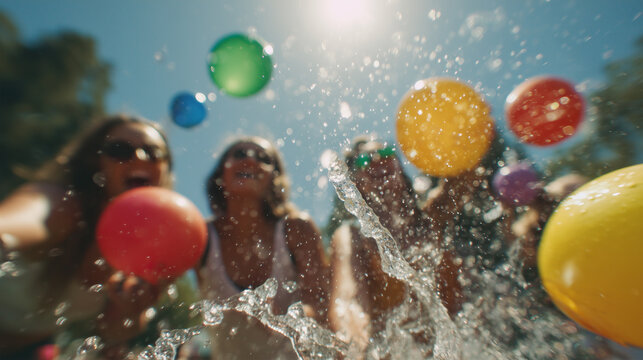 Colorful water balloon fun in sunny park brings spontaneous joy and laughter among friends during a warm afternoon