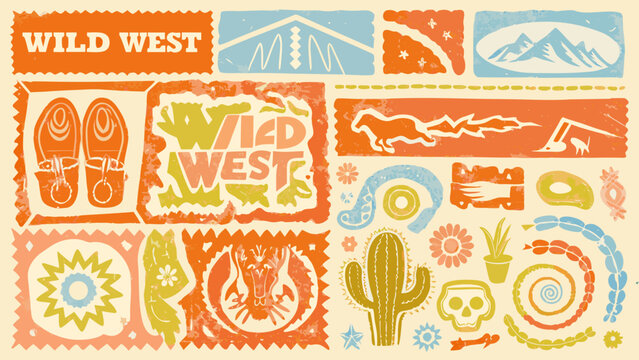 Wild west themed decorative banners with illustrations of desert plants cacti and cowboy elements in a retro style