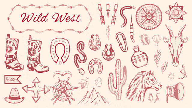 Wild west themed hand drawn vector illustration with cowboy boots cactus sheriff star and other western elements