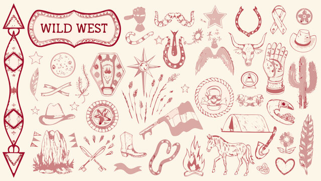 wild west themed doodle set illustration with cowboy hat cactus and horseshoe in pink tones high quality professional