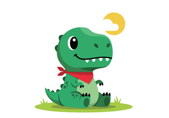 Naklejka premium Cute Baby T-Rex Cartoon Dinosaur Sitting with Red Bandana Under Crescent Moon Vector Illustration for Kids Nursery