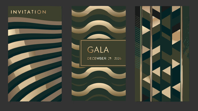 abstract geometric patterns with gold accents set of three vertical invitation or gala card designs high quality professional